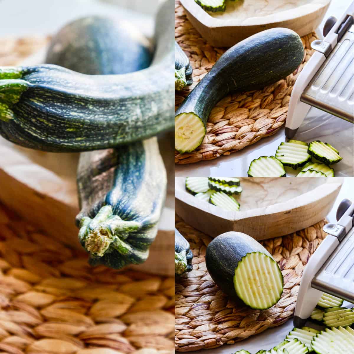 Zucchini in a wood bowl with a mandoline slicing zucchini in a crinkle cut pattern.