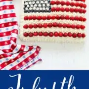 A graphic showing how to decorate a sheet cake into an American Flag Cake using raspberries and blueberries.