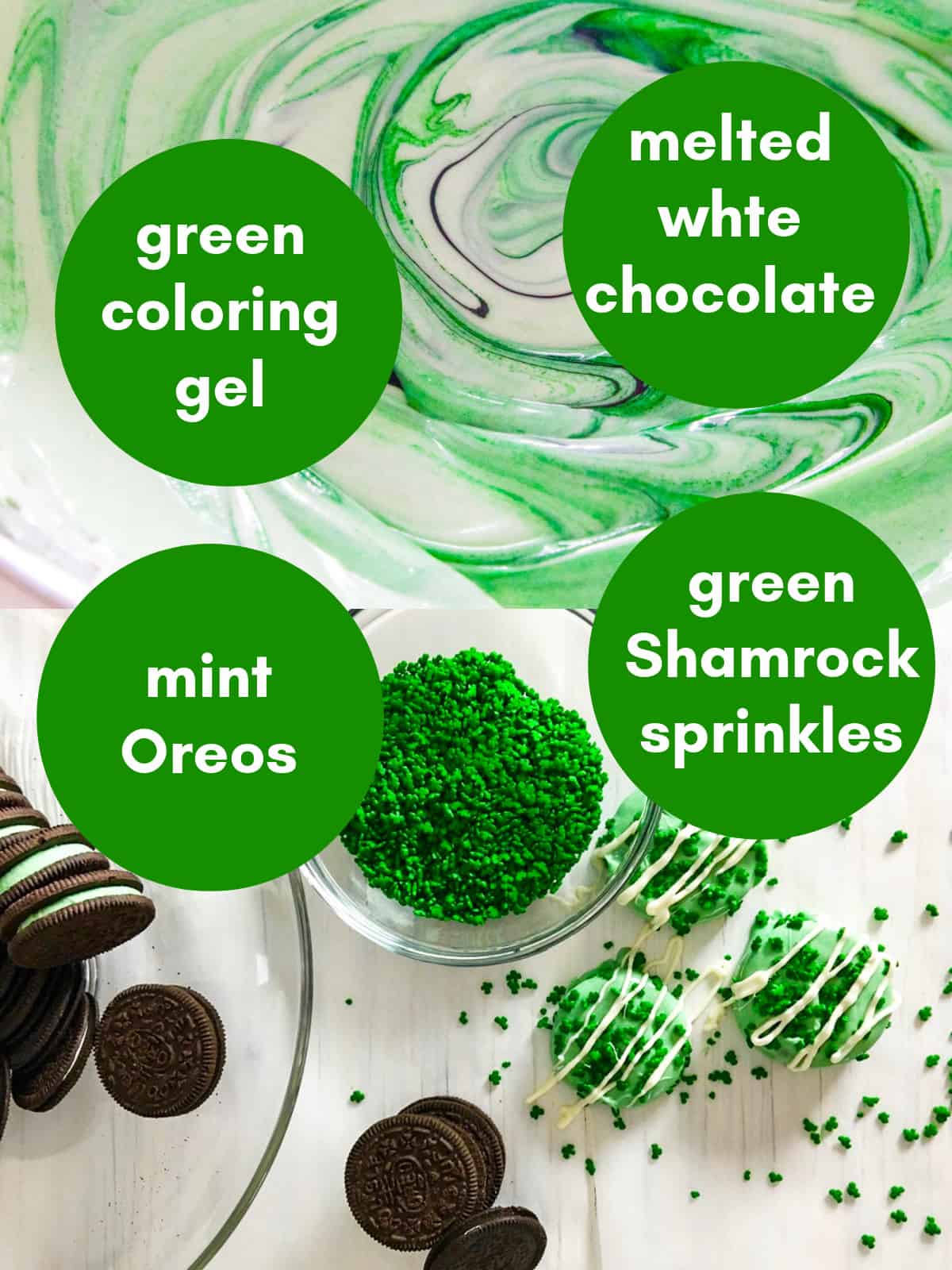 An ingredient list of ingredients to make green oreos for St Patricks Day.