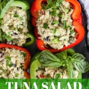 A graphic with bell pepper bowls and wraps filled with no mayo Greek Yogurt Tuna Salad.