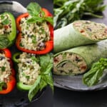 Red and green Bell pepper halves filled and green tortilla wraps filled with no mayo Greek Yogurt Tuna Salad.