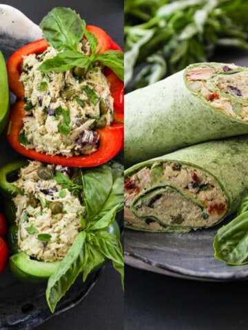 Red and green Bell pepper halves filled and green tortilla wraps filled with no mayo Greek Yogurt Tuna Salad.