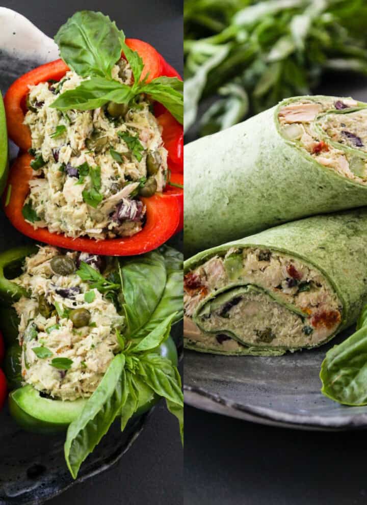 Red and green Bell pepper halves filled and green tortilla wraps filled with no mayo Greek Yogurt Tuna Salad.