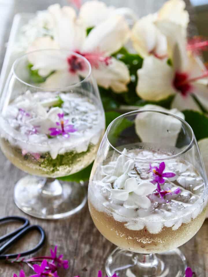 Two glasses filled with St Germain cocktails garnished with tiny purple orchids and white jasmine flowers.