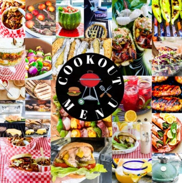 A square collage of colorful grilled food, side dishes, desserts, and drink recipes to serve at an outdoor bbq cookout.