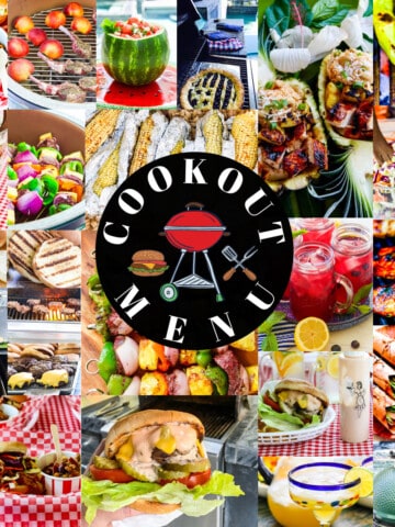 A square collage of colorful grilled food, side dishes, desserts, and drink recipes to serve at an outdoor bbq cookout.