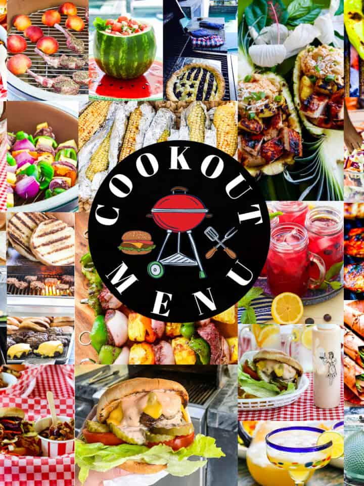 A square collage of colorful grilled food, side dishes, desserts, and drink recipes to serve at an outdoor bbq cookout.