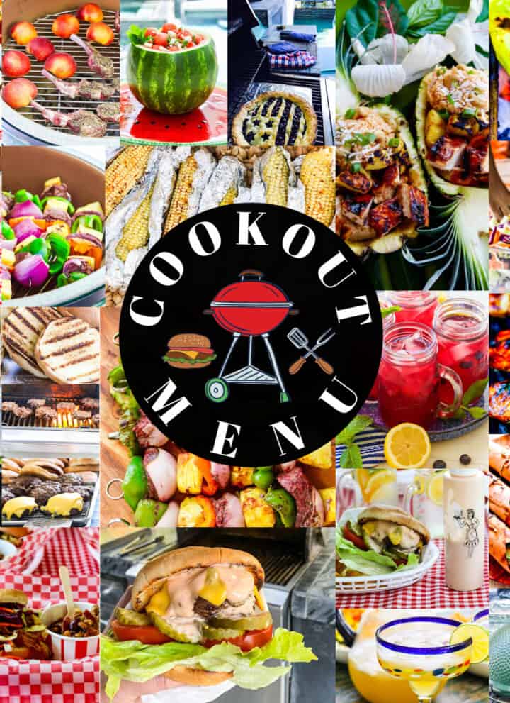 A square collage of colorful grilled food, side dishes, desserts, and drink recipes to serve at an outdoor bbq cookout.