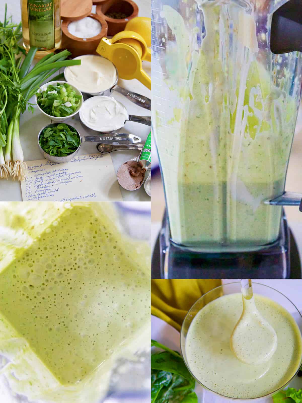 Making green goddess dressing in a blender with all the ingredients. 