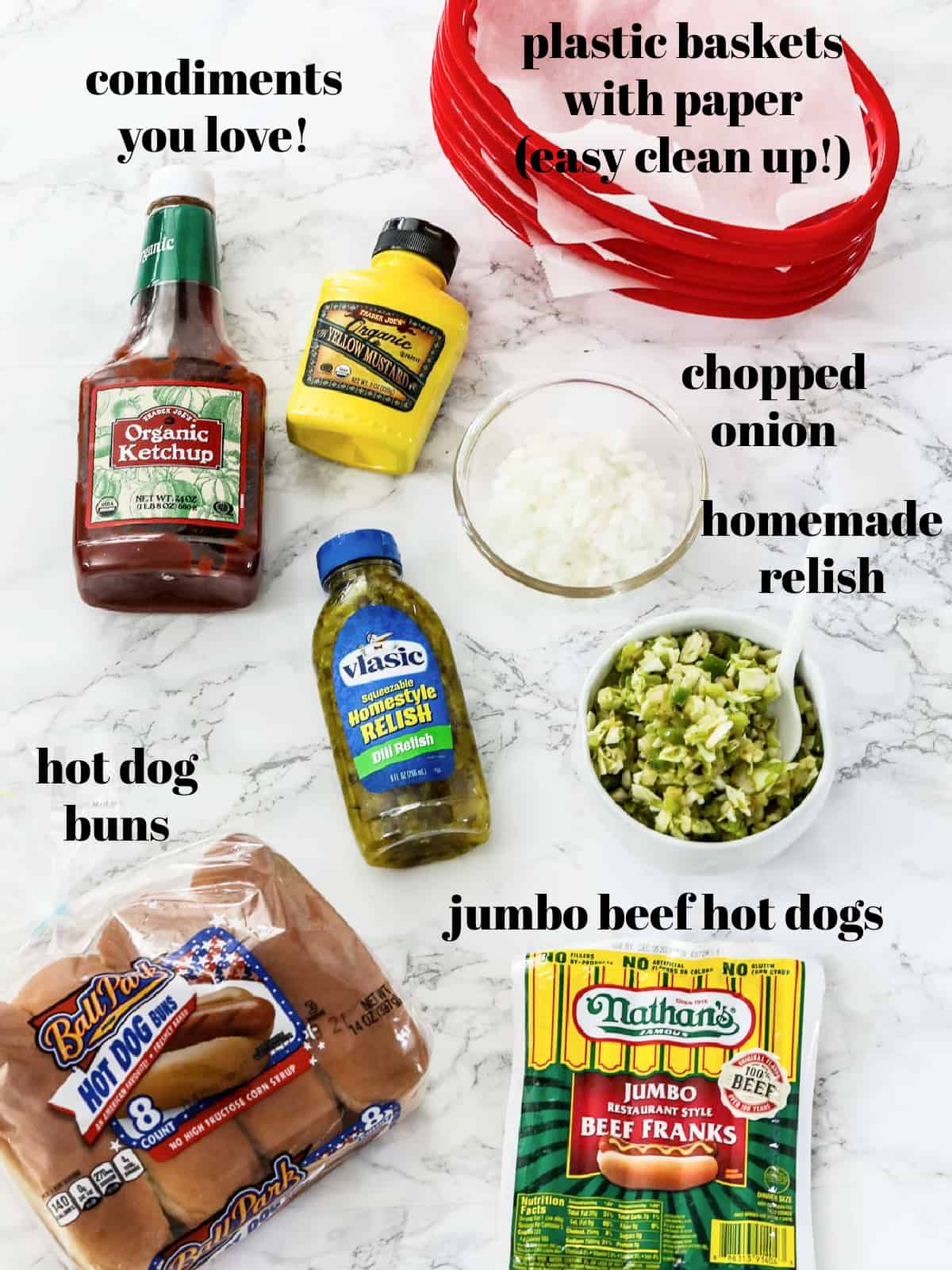 All the ingredients to make grilled hot dogs for a cookout laying on a table and labled.
