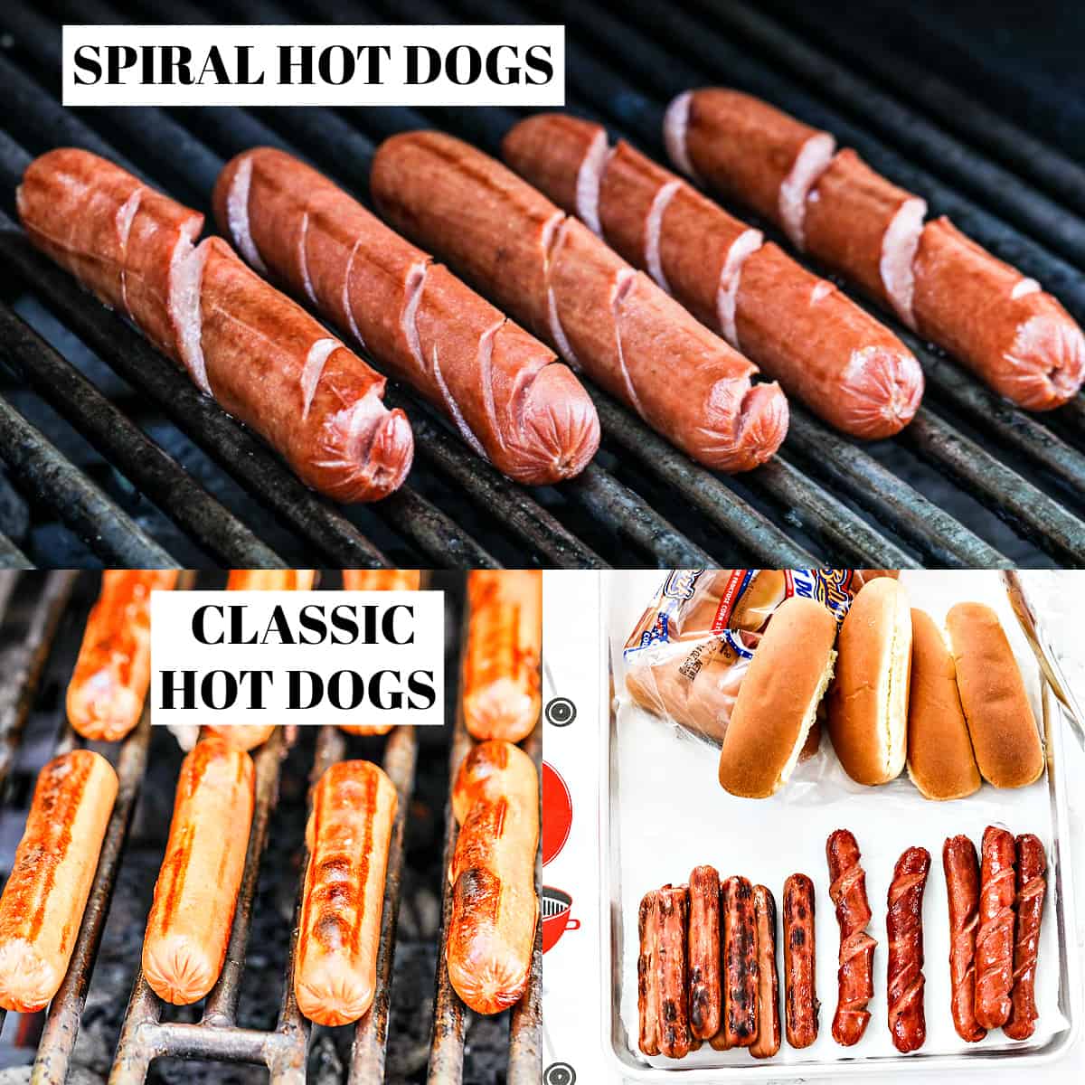 An outdoor grill with spiral cut hot dogs and regular hot dogs grilling and grilled on a tray with hot dog buns.