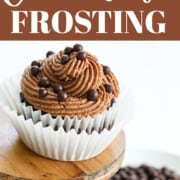 A graphic showing chocolate frosting swirled on a cupcake with sprinkles on a stand.