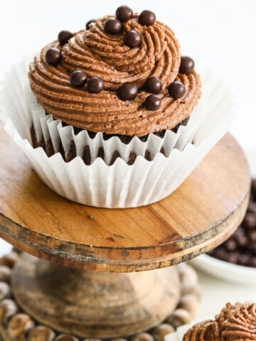 A chocolate cupcake with swirled chocolate buttercream frosting and sprinkles on a small stand.