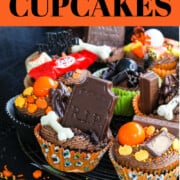 A graphic of Halloween Cupcake ideas with chocolate frosting, chocolate tombstones, candy, toys, sprinkles, and more.