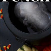 An ad for Halloween punch with a black cauldron and a ice skull peering out at you.