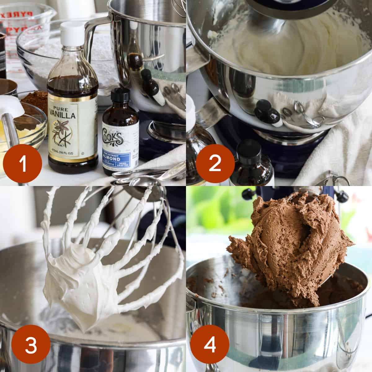 4 steps showing how to make chocolate frosting in a stand mixer from ingredients through to mixing the chocolate buttercream.