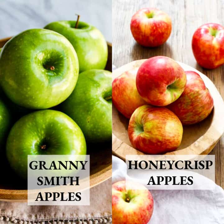 A graphic showing two kinds of apples, Granny Smith and Honeycrisp in wood bowls.