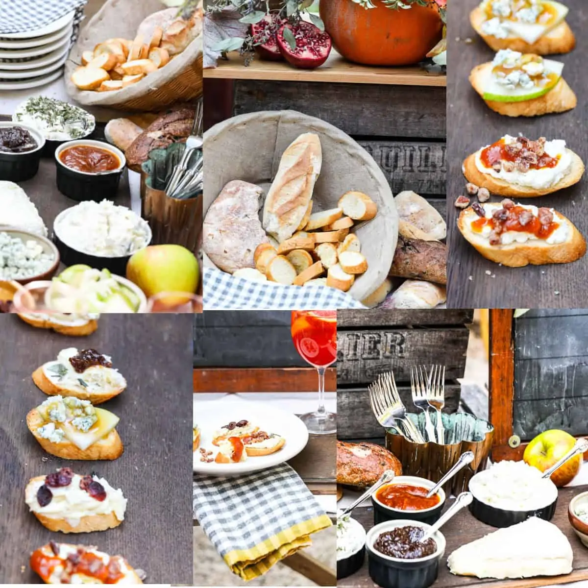 A collage of photos showing a Fall Crostini bar set up with all the toppings, and ideas to set up a party.