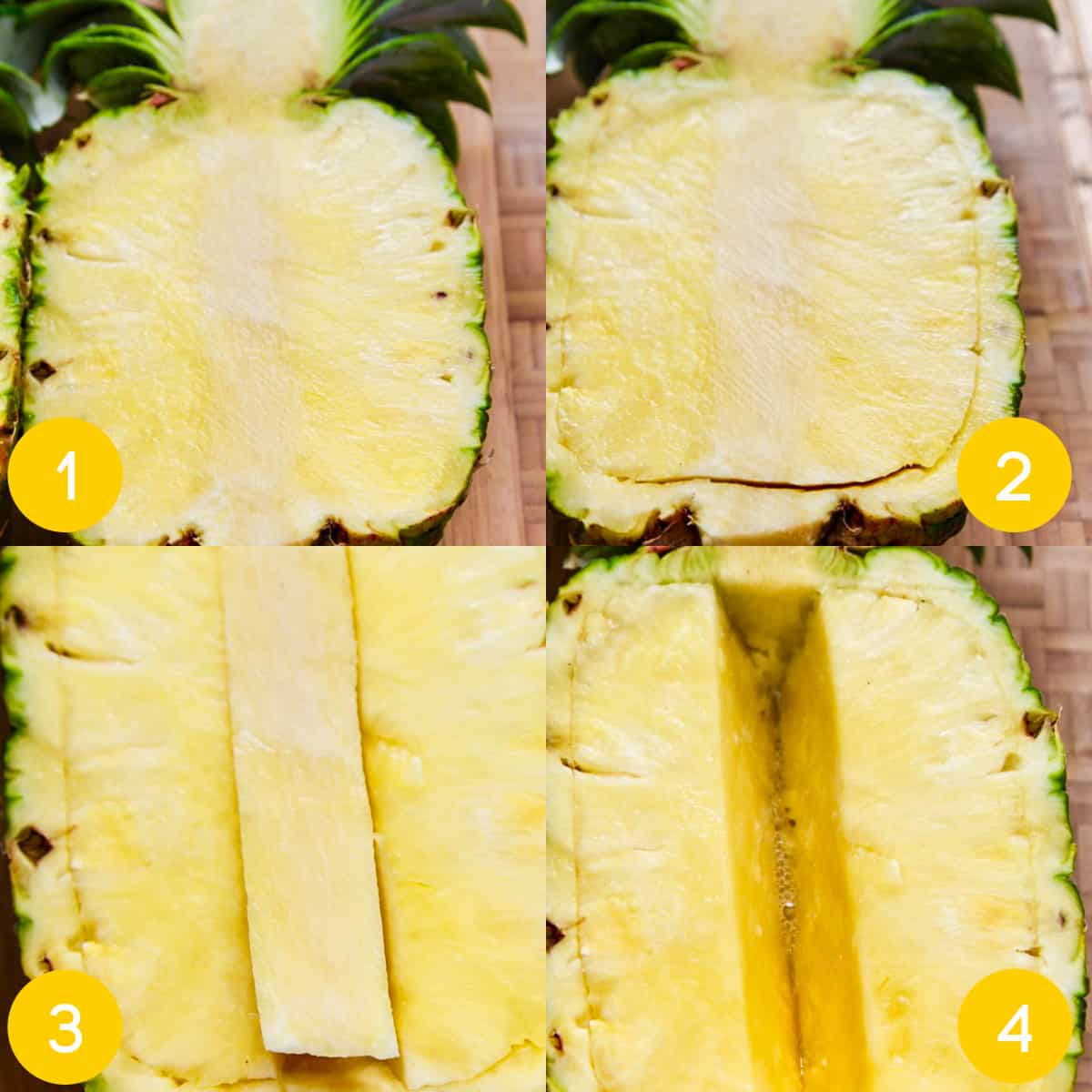 Steps 1-4 for how to cut pineapple bowls for use in recipes or to eat as a snack.