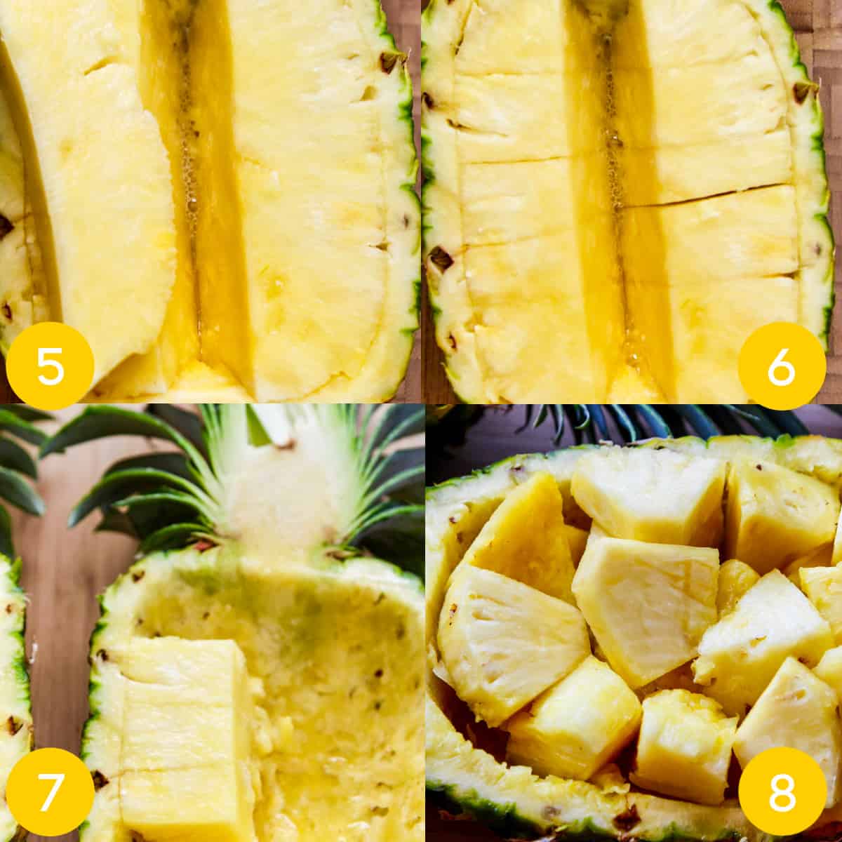 Steps 5-8 to cut pineapple bowls for use in recipes or to eat as a snack.