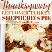 A graphic for Thanksgiving leftover turkey shepherd's pie recipe.