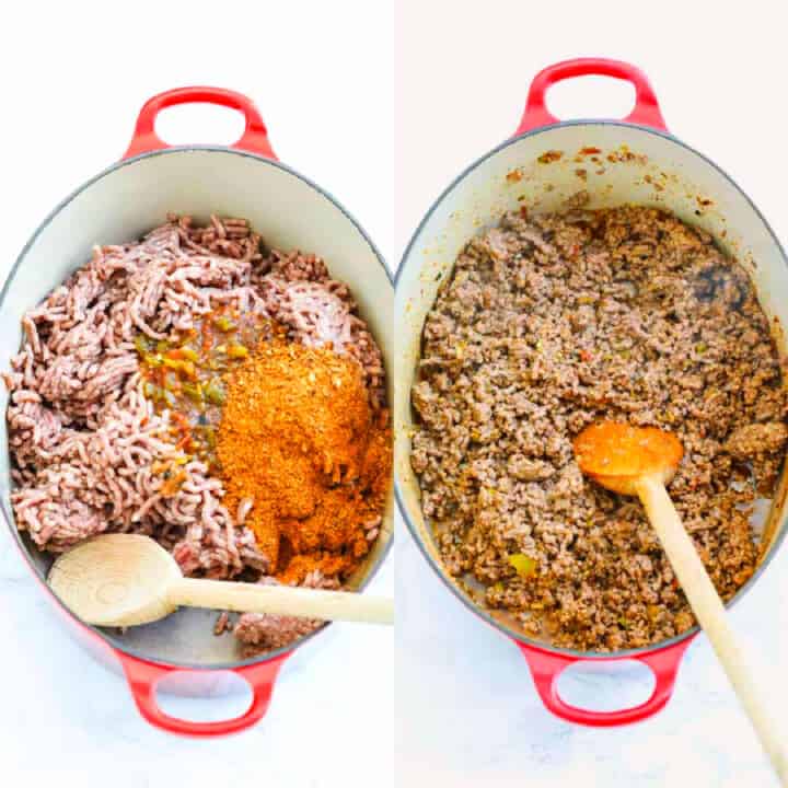Two red cooking pots filled with raw ground beef and seasonings and them browned hamburger meat.