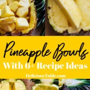 A graphic on how to cut pineapple into chunks for a pineapple bowl also called pineapple boats.