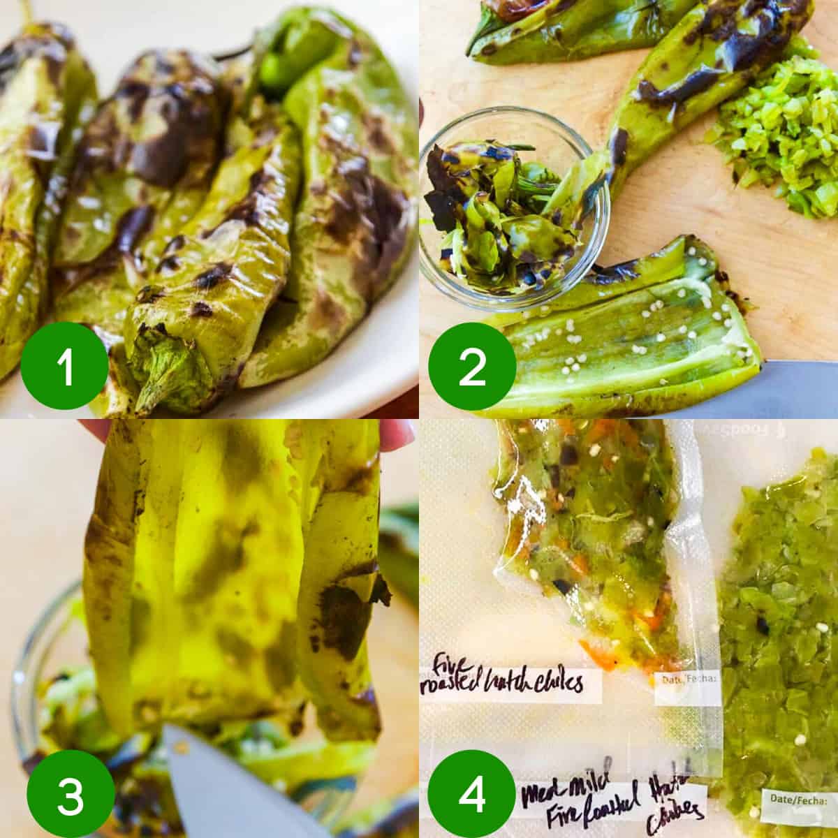 A four step process shot collage with roasted Hatch Chiles, removing the seeds and packaging them for the freezer.