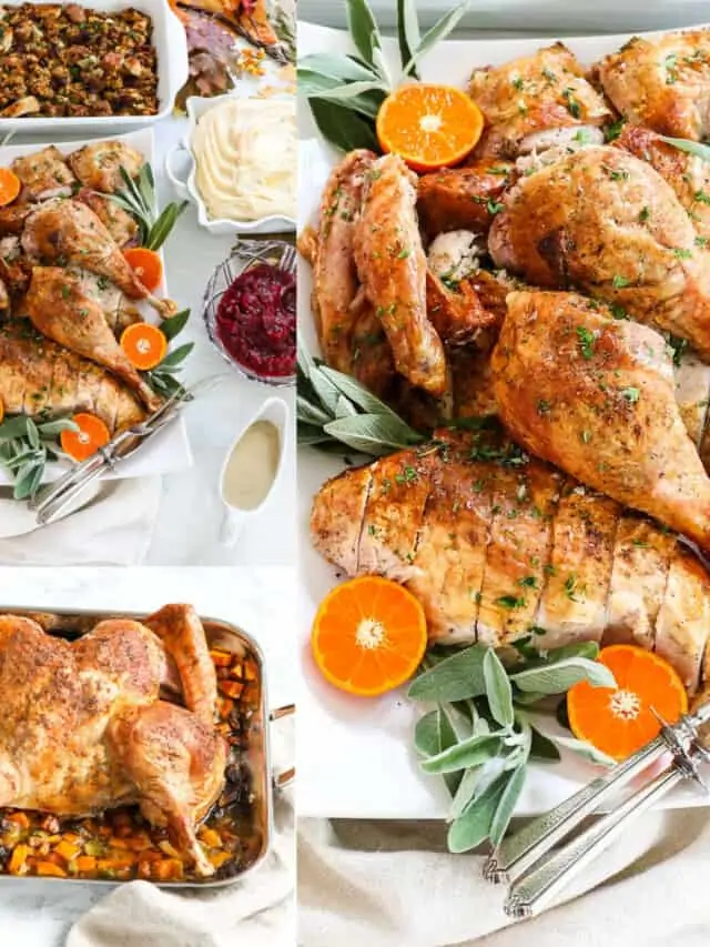 A collage of spatchcock turkey sliced on a platter, with one in a roasting pan, and on a table with side dishes.