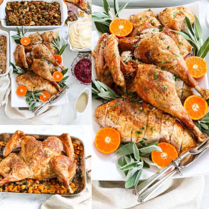 A collage of spatchcock turkey sliced on a platter, with one in a roasting pan, and on a table with side dishes.