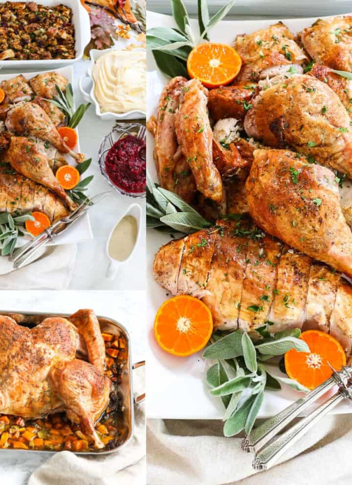 A collage of spatchcock turkey sliced on a platter, with one in a roasting pan, and on a table with side dishes.