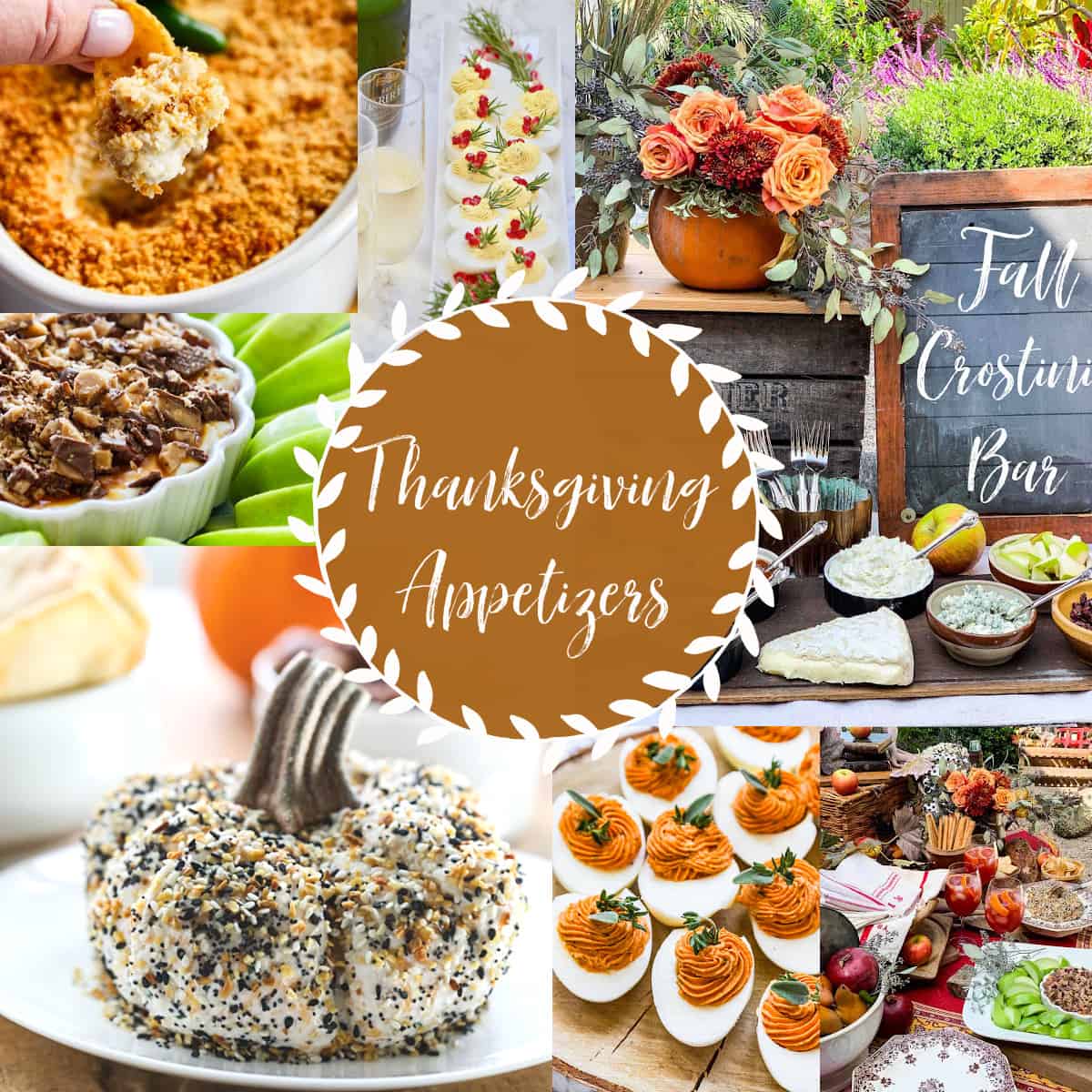 A collection of Thanksgiving appetizers with recipe ideas, and party decorating tips for a Fall party.