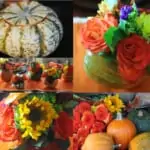 A collage showing Thanksgiving centerpieces made with pumpkins and fresh flowers for Thanksgiving centerpieces.