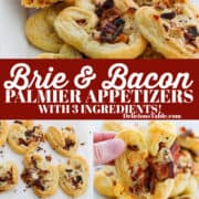 A white platter filled with brie and bacon palmier appetizers golden brown and ready to eat and a lady holding one up.