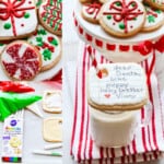 A collage of Christmas cookies decorated for Santa including one with a kids wish list on a mug of milk.