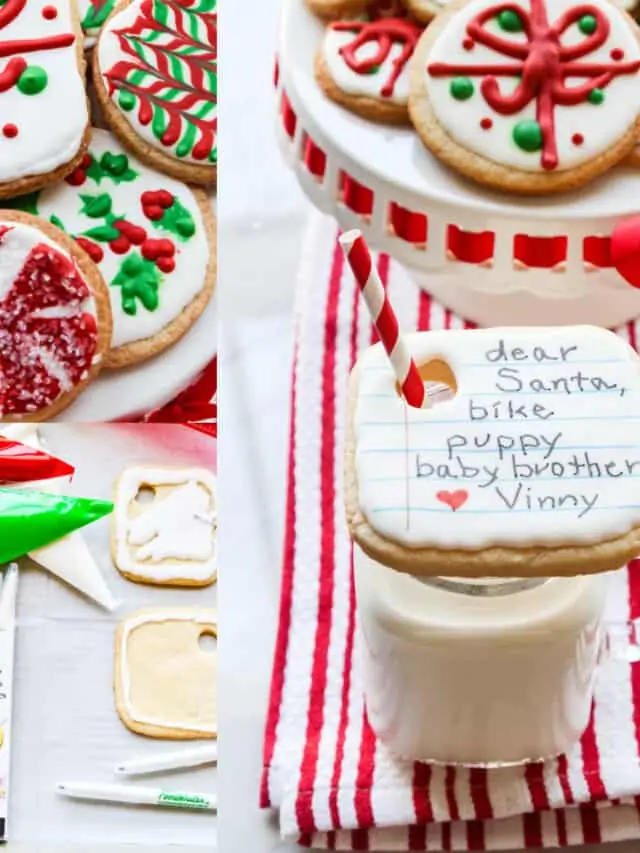 A collage of Christmas cookies decorated for Santa including one with a kids wish list on a mug of milk.