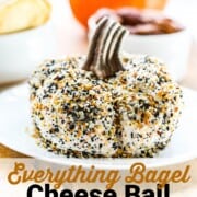An ad for an everything bagel cheeseball that looks like a pumpkin with a stem.