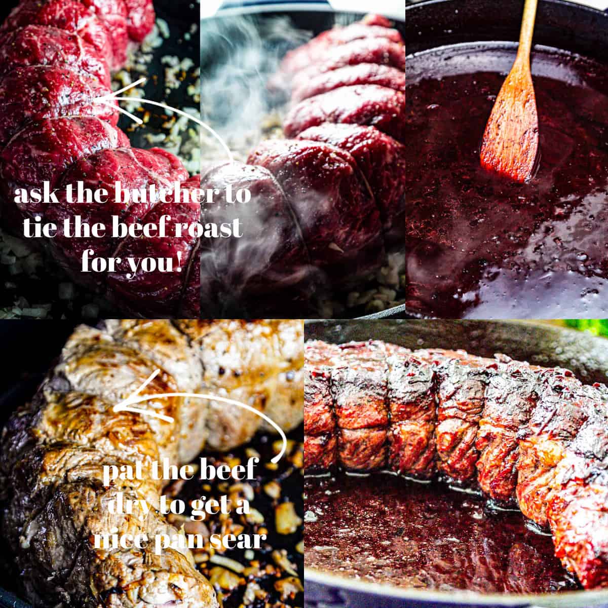 Searing roast beef in a pan with tips to tie the beef and pat it dry.