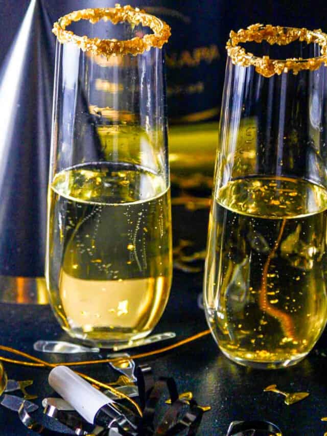 A New Years Eve party with champagne cocktails made with Goldschlager gold liquor.