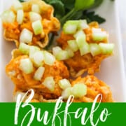 A plate of buffalo chicken appetizers garnished with chopped celery.