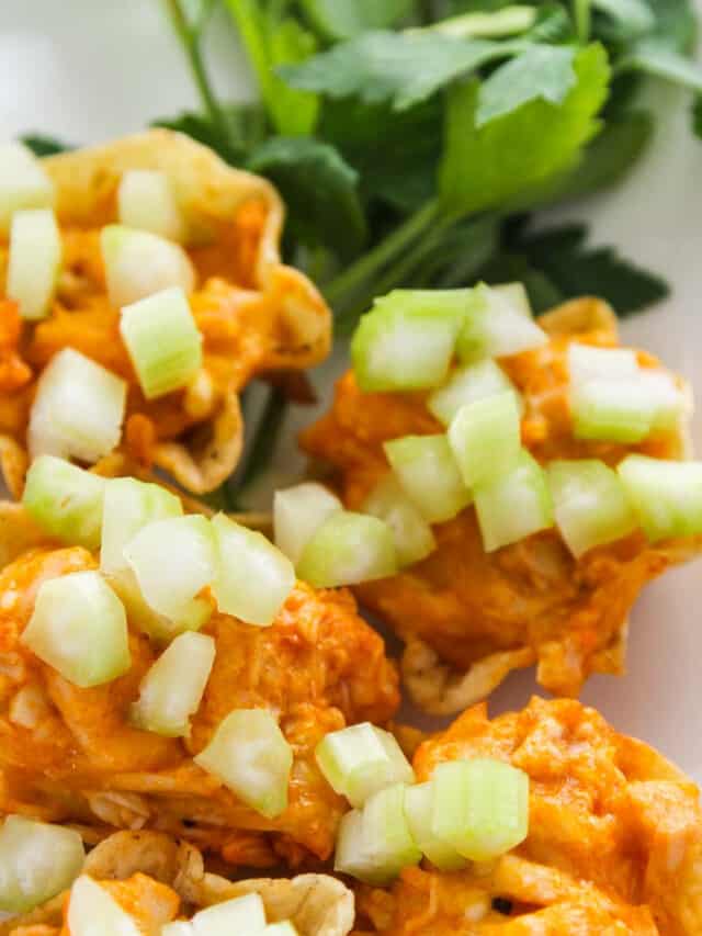 Loaded plate of hot appetizers of Buffalo Chicken on tortilla chips ready for game day food