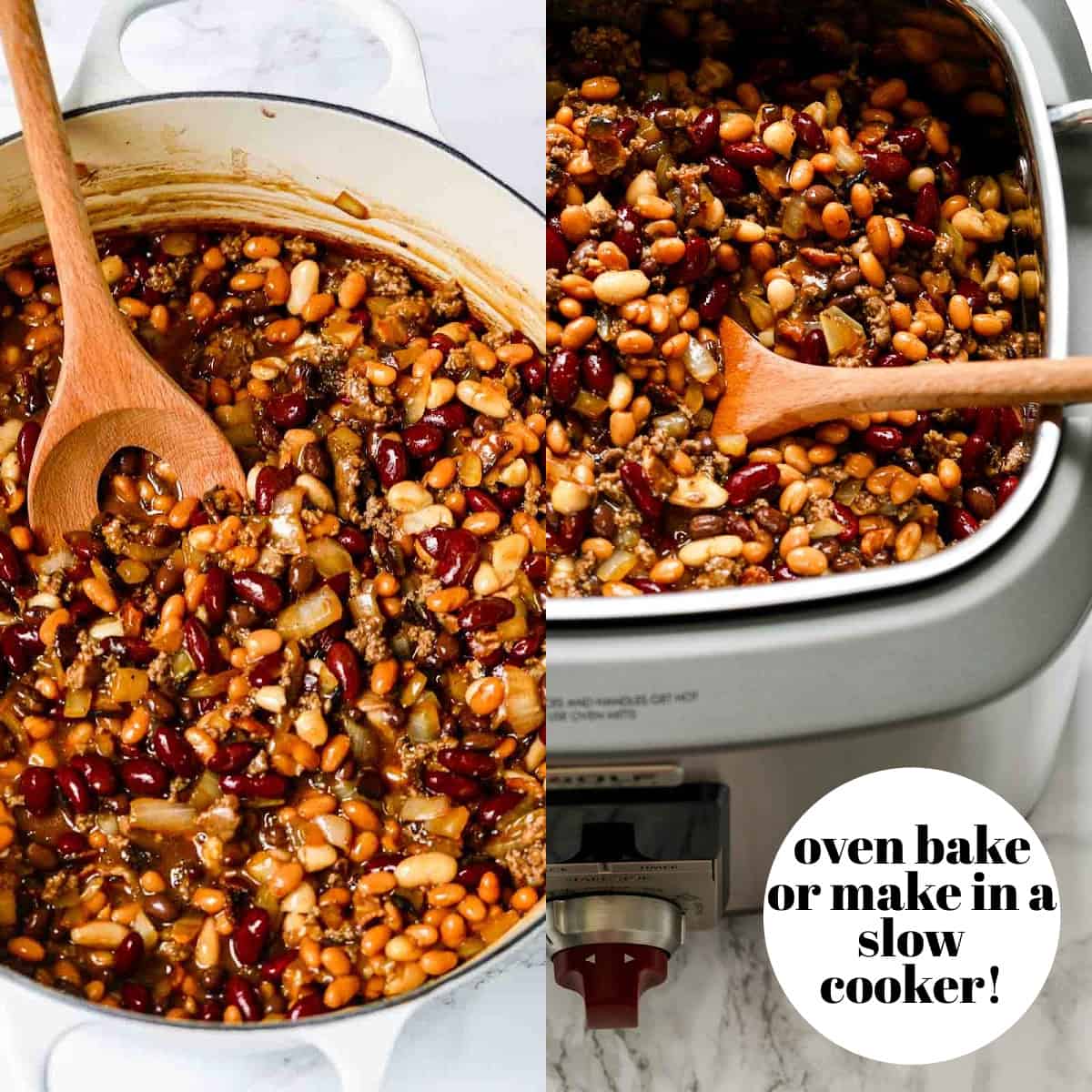 Side by side photos of cowboy beans in a white cast iron pot inside and them in a slow cooker.