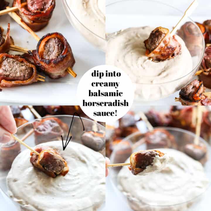 Dipping bacon wrapped filet mignon on a toothpick into creamy horseradish sauce.