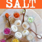 A graphic for Flavored Finishing Salts each jar open showing the salt with small spoons.