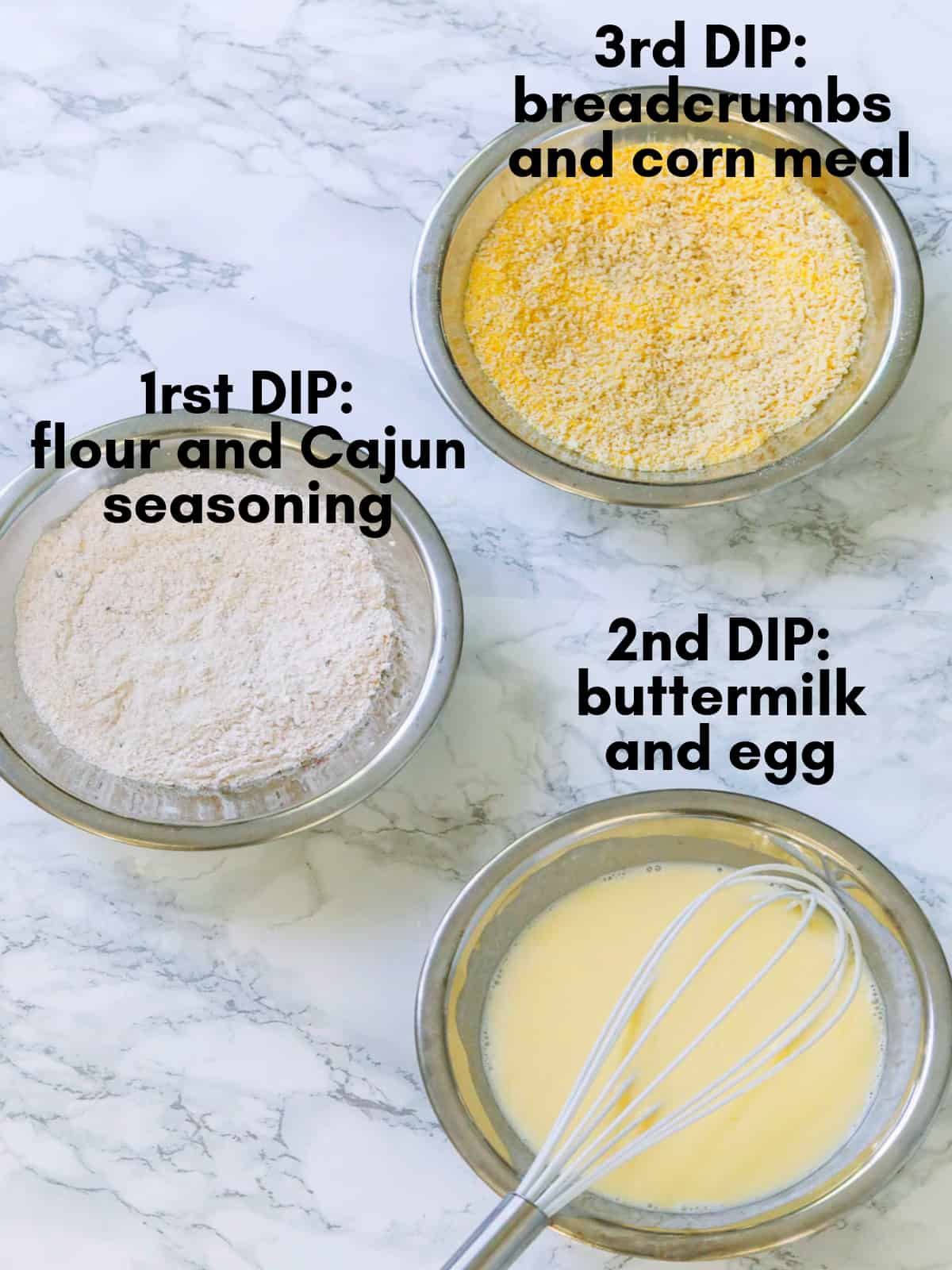 A graphic with 3 prep bowls for dipping fried green tomatoes before frying.