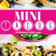 A graphic for Mini Tacos on a curved white plate loaded with toppings.