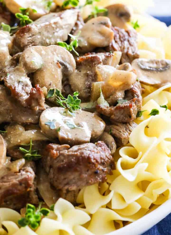 White plate filled with Beef Stroganoff on noodles with mushrooms.