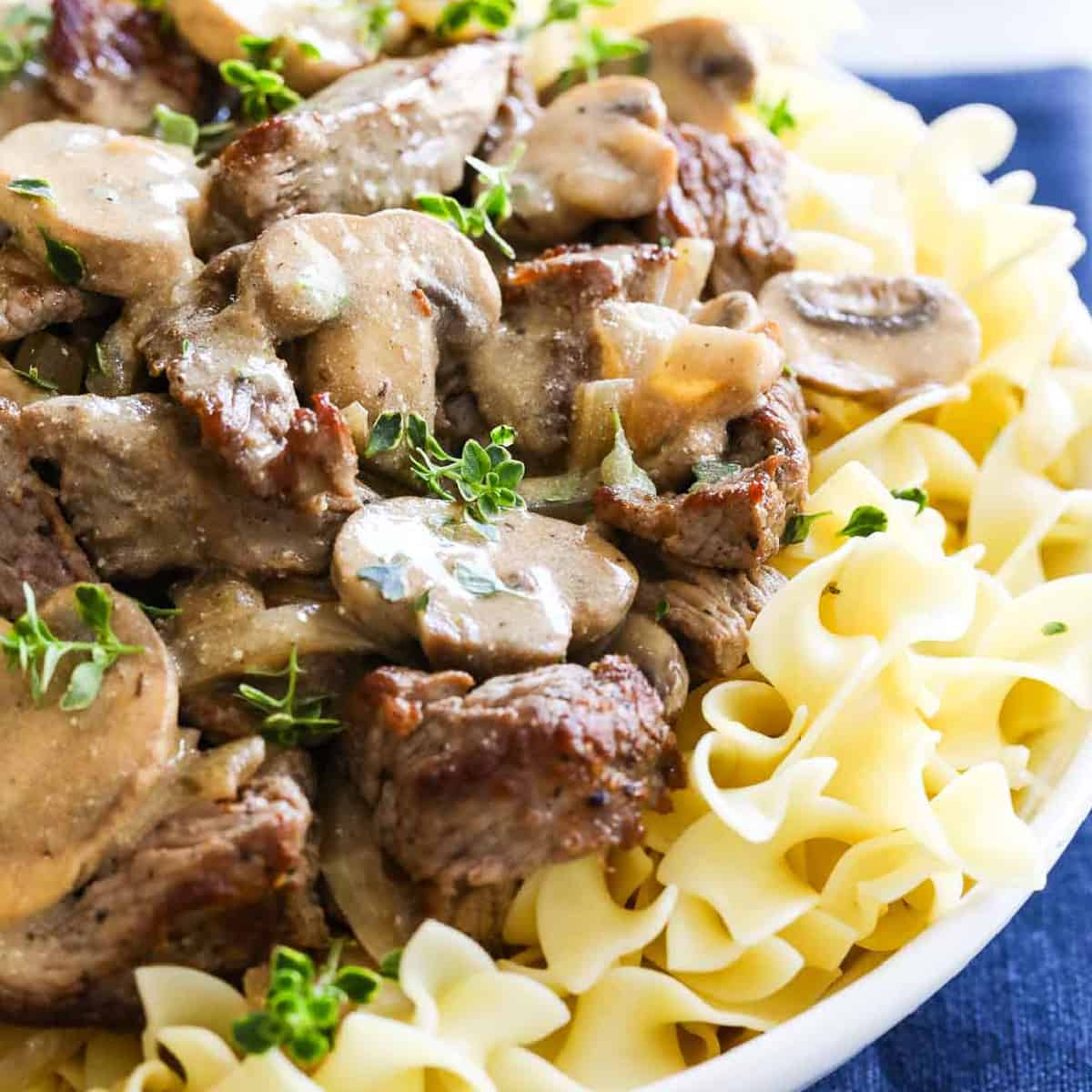 White plate filled with Beef Stroganoff on noodles with mushrooms.