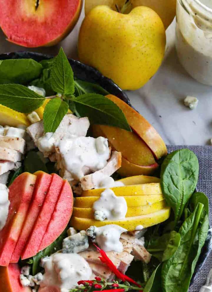 A ceramic plate with sliced apples, chicken on lettuce with homemade blue cheese dressing.