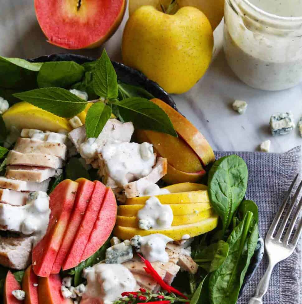 A ceramic plate with sliced apples, chicken on lettuce with homemade blue cheese dressing.